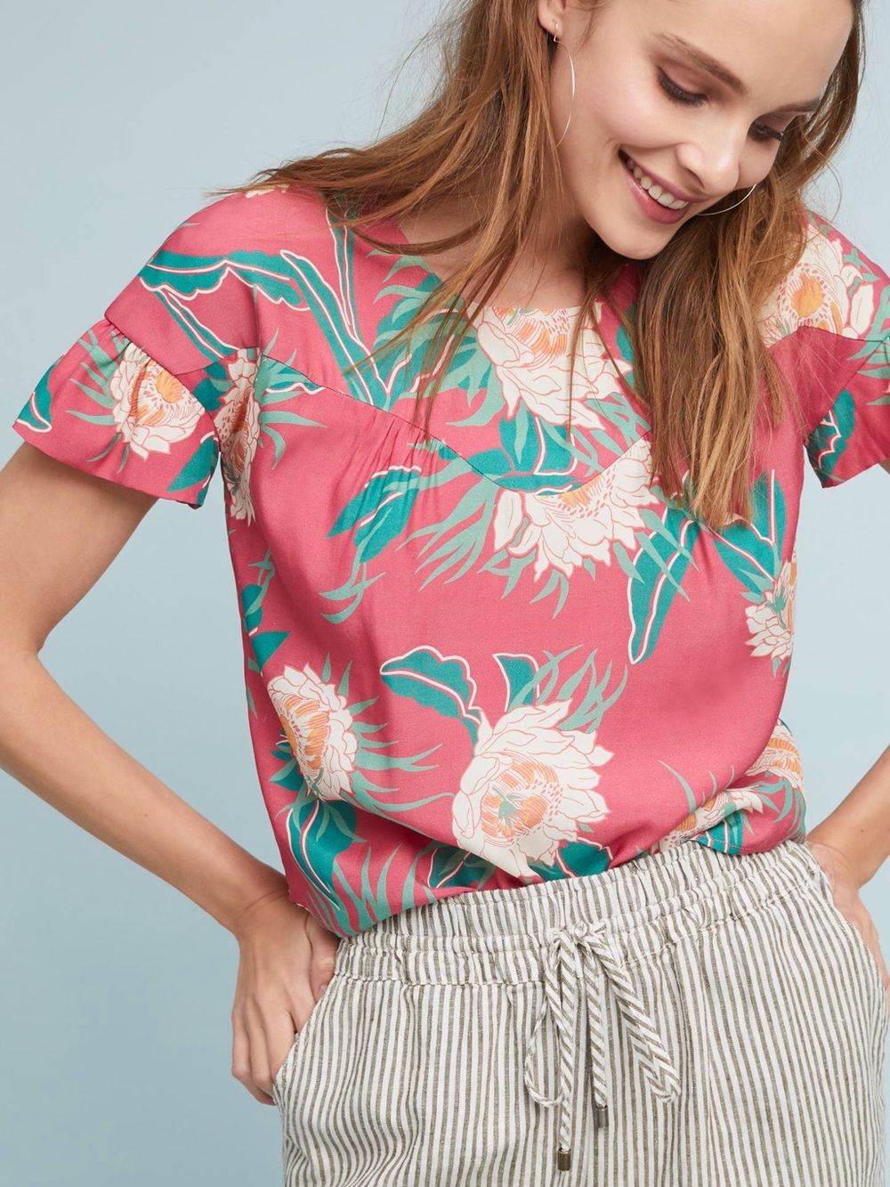 Anthropologie Wolven Pink Floral Short Sleeve Blouse